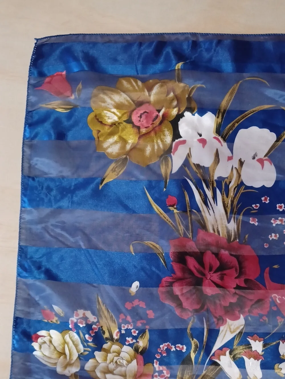 Vintage Floral Striped Square Scarf Blue Chiffon Satin 39×39 Grandma-Core